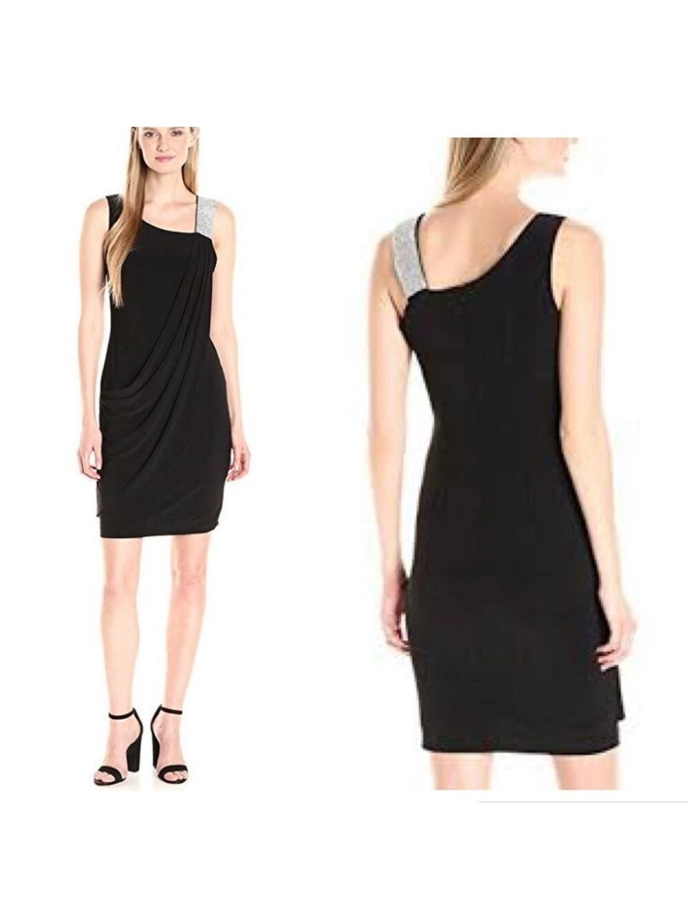Lyman by Frank Lyman navy blue black draped asymmetrical rhinestone mini dress